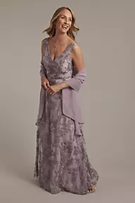 Oleg Cassini Embroidered A-Line Tank Dress with Chiffon Wrap